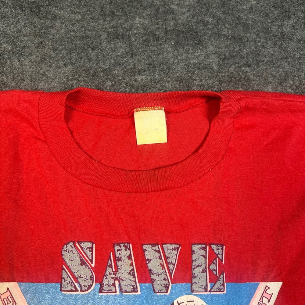 Vintage 80s Save Earth Beach Ocean Forest Muscle Shirt Red Graphic Tee Large - Picture 12 of 15
